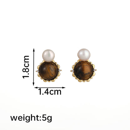 1 Pair Ig Style Retro Round Plating Metal Inlay Copper Natural Stone 18k Gold Plated Ear Studs