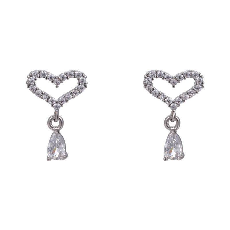 1 Pair Lady Korean Style Heart Shape Inlay Copper Zircon White Gold Plated Drop Earrings