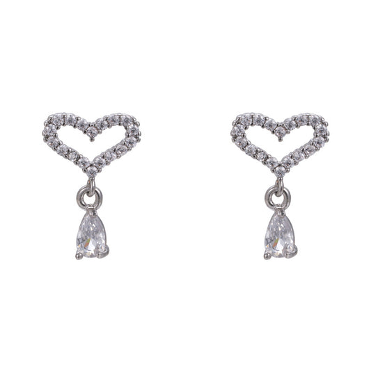 1 Pair Lady Korean Style Heart Shape Inlay Copper Zircon White Gold Plated Drop Earrings