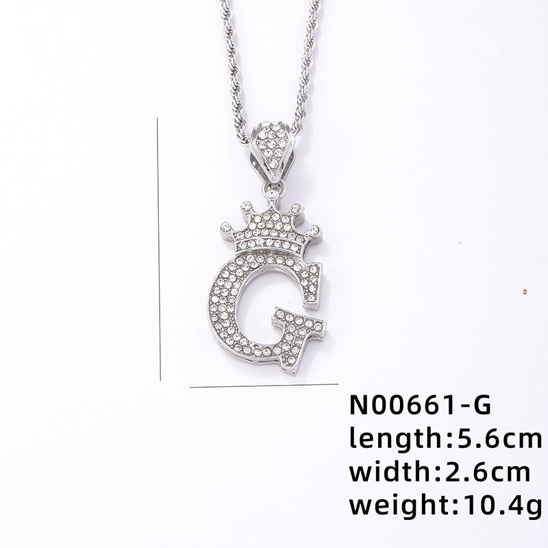 Hip-hop Letter Crown Copper Plating Inlay Rhinestones White Gold Plated Necklace Pendant