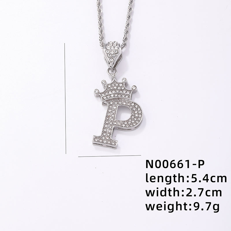 Hip-hop Letter Crown Copper Plating Inlay Rhinestones White Gold Plated Necklace Pendant