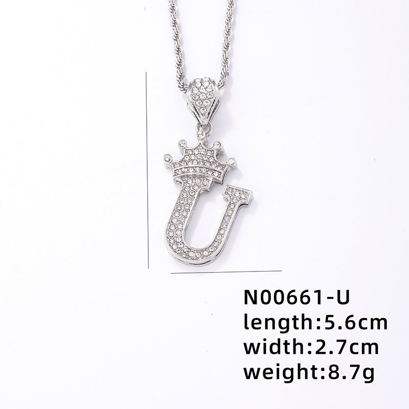 Hip-hop Letter Crown Copper Plating Inlay Rhinestones White Gold Plated Necklace Pendant