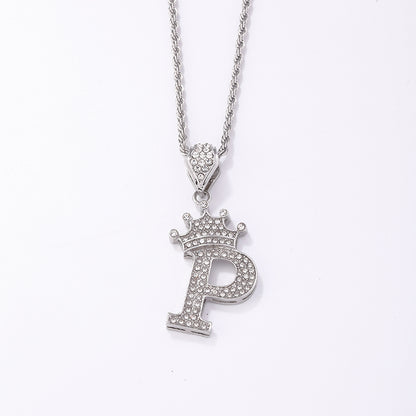 Hip-hop Letter Crown Copper Plating Inlay Rhinestones White Gold Plated Necklace Pendant