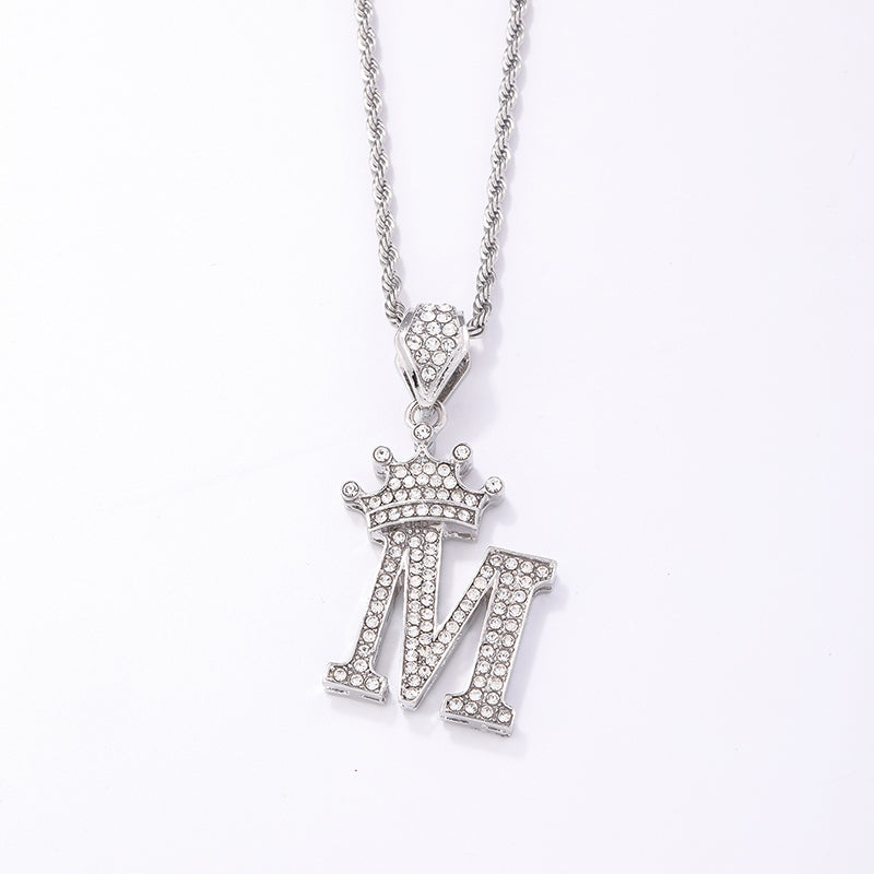 Hip-hop Letter Crown Copper Plating Inlay Rhinestones White Gold Plated Necklace Pendant