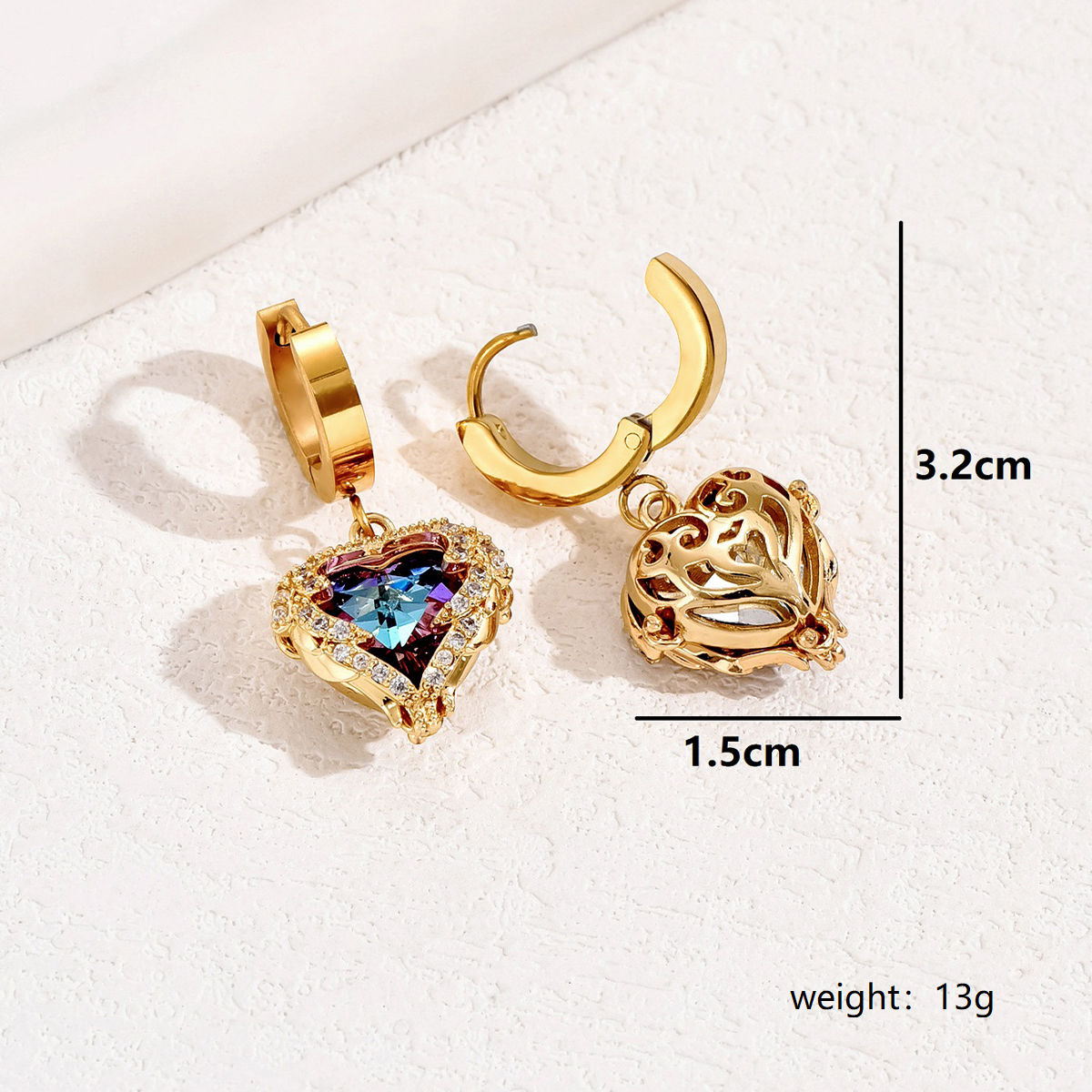 1 Pair Retro Shiny Heart Shape Plating Three-dimensional Inlay Stainless Steel Zircon 18k Gold Plated Drop Earrings