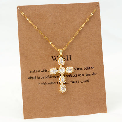 Vintage Style Geometric Cross Stainless Steel Plating Inlay Rhinestones Pearl Zircon 18k Gold Plated Pendant Necklace