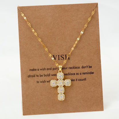 Vintage Style Geometric Cross Stainless Steel Plating Inlay Rhinestones Pearl Zircon 18k Gold Plated Pendant Necklace