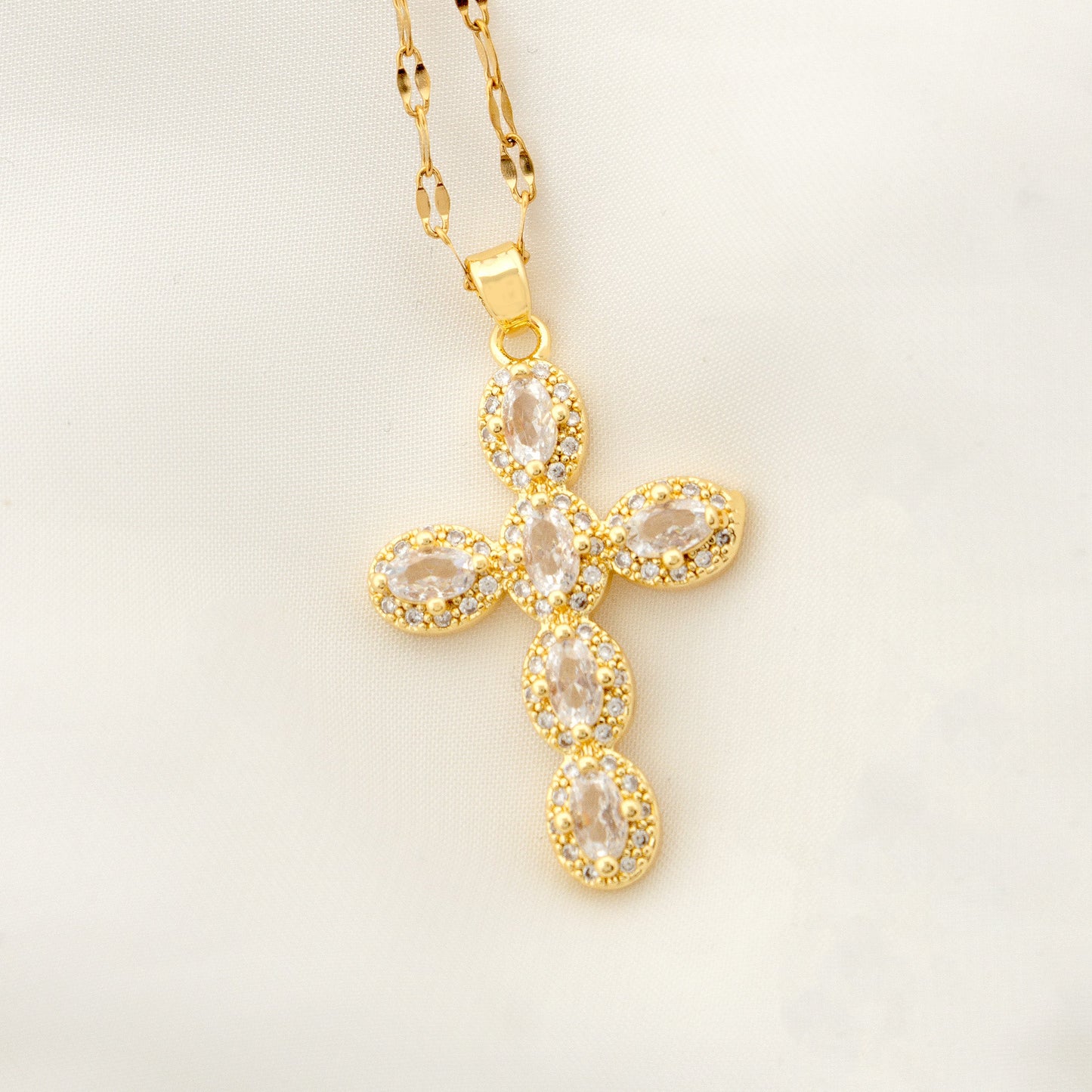 Vintage Style Geometric Cross Stainless Steel Plating Inlay Rhinestones Pearl Zircon 18k Gold Plated Pendant Necklace