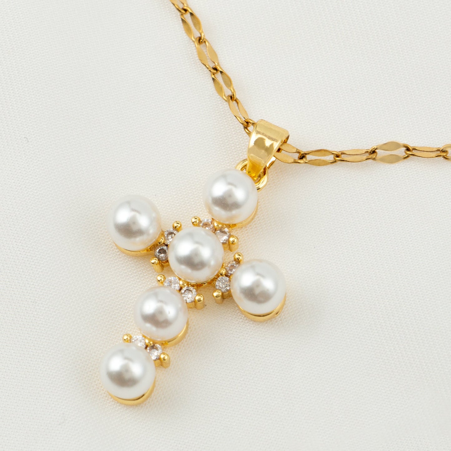 Vintage Style Geometric Cross Stainless Steel Plating Inlay Rhinestones Pearl Zircon 18k Gold Plated Pendant Necklace