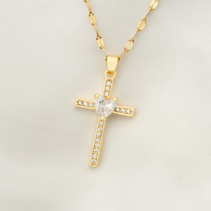 Vintage Style Geometric Cross Stainless Steel Plating Inlay Rhinestones Pearl Zircon 18k Gold Plated Pendant Necklace