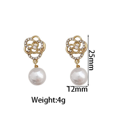 1 Pair Elegant Korean Style Flower Inlay Imitation Pearl Alloy Artificial Rhinestones Gold Plated Drop Earrings