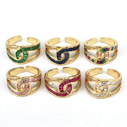 Luxurious Simple Style Color Block Copper Layered Plating Inlay Zircon Gold Plated Open Rings