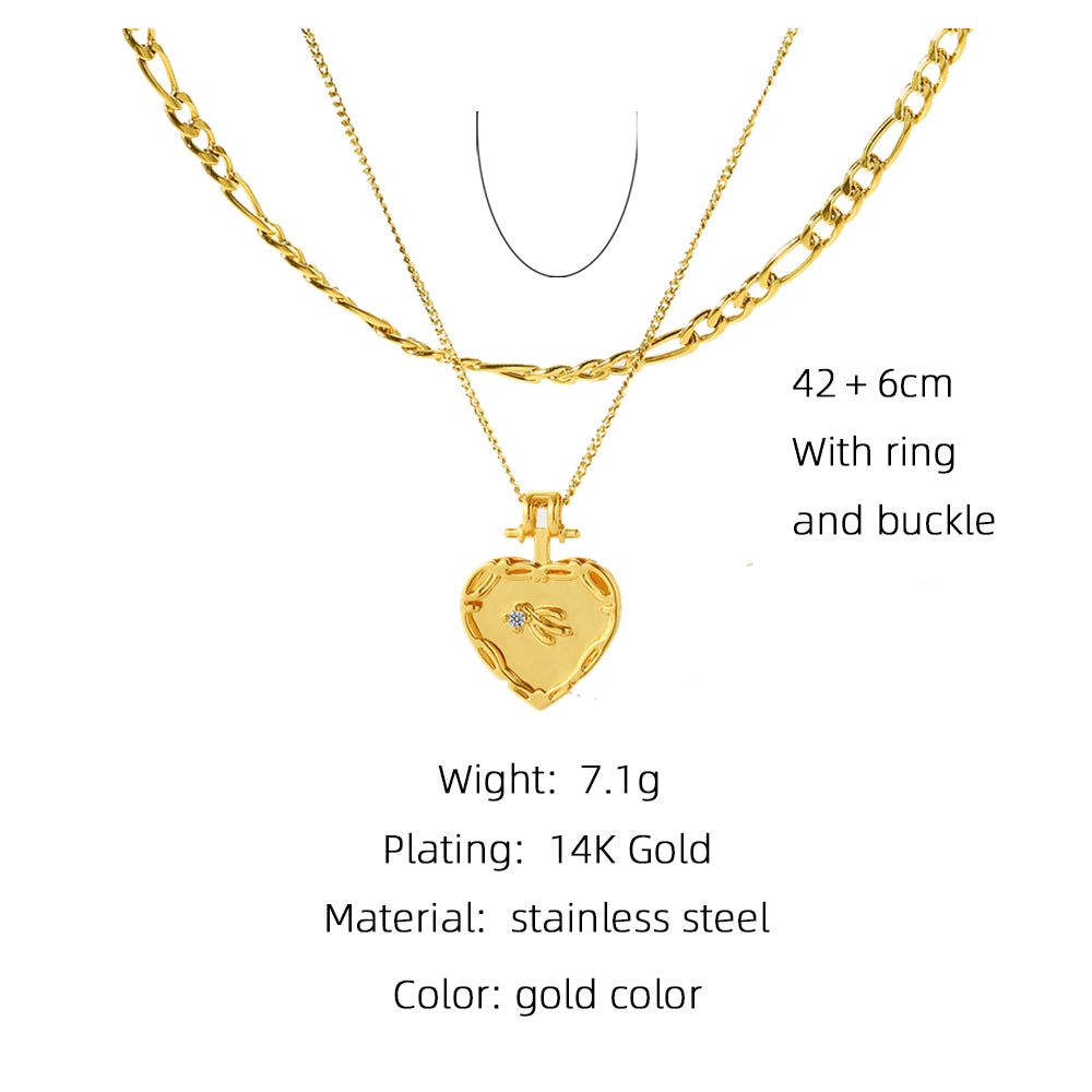 Sweet Heart Shape Stainless Steel Plating Inlay Shell Zircon 18k Gold Plated Pendant Necklace