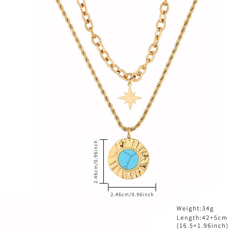 Retro Simple Style Sector Star Oval Stainless Steel Toggle Plating Inlay Turquoise Gold Plated Necklace