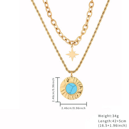 Retro Simple Style Sector Star Oval Stainless Steel Toggle Plating Inlay Turquoise Gold Plated Necklace