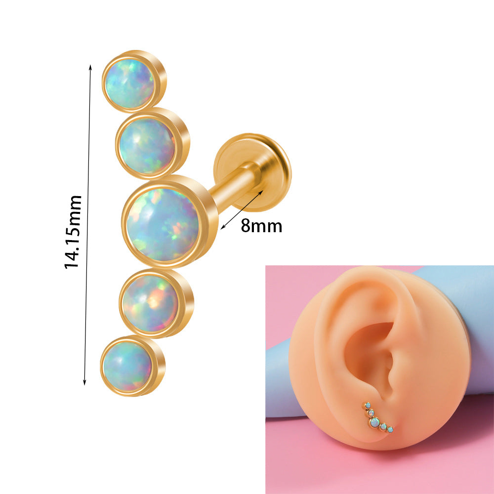 Simple Style Round Stainless Steel Inlay Opal Zircon Lip Stud Ear Studs