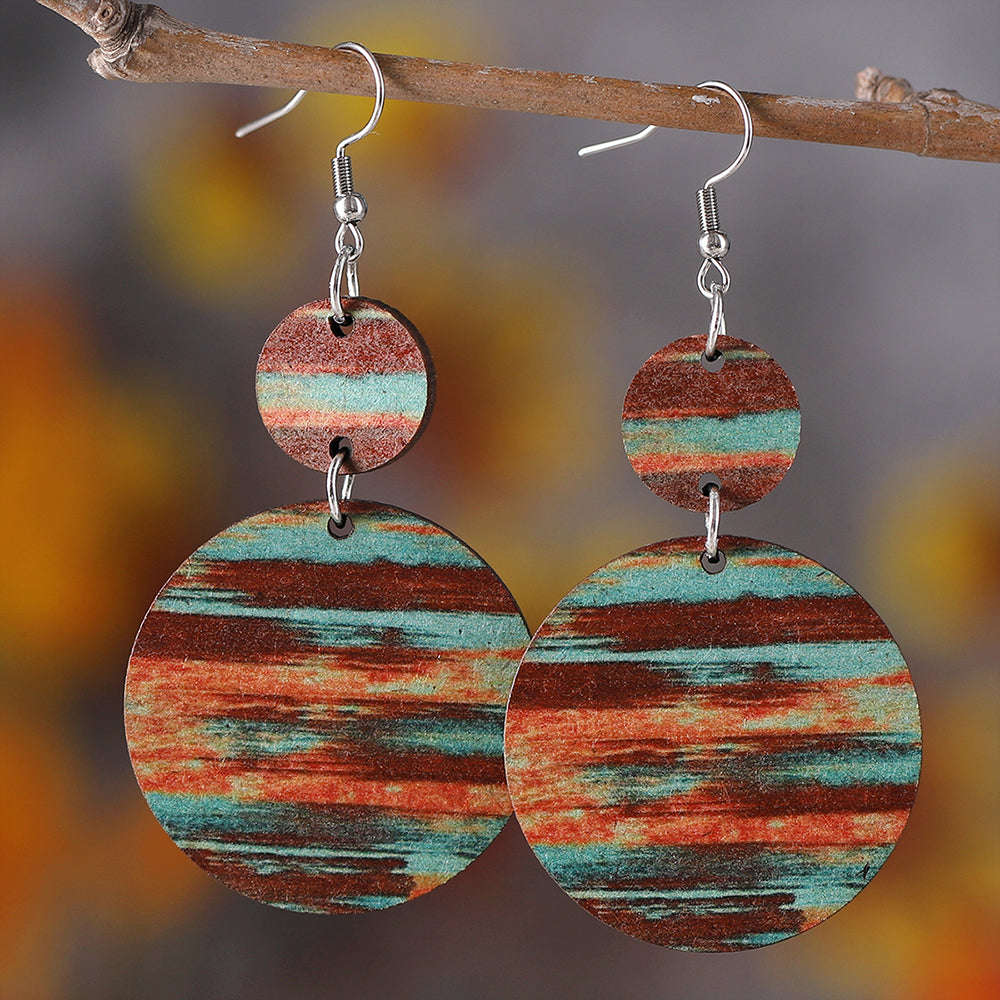 1 Pair Retro Color Block Printing Wood Drop Earrings