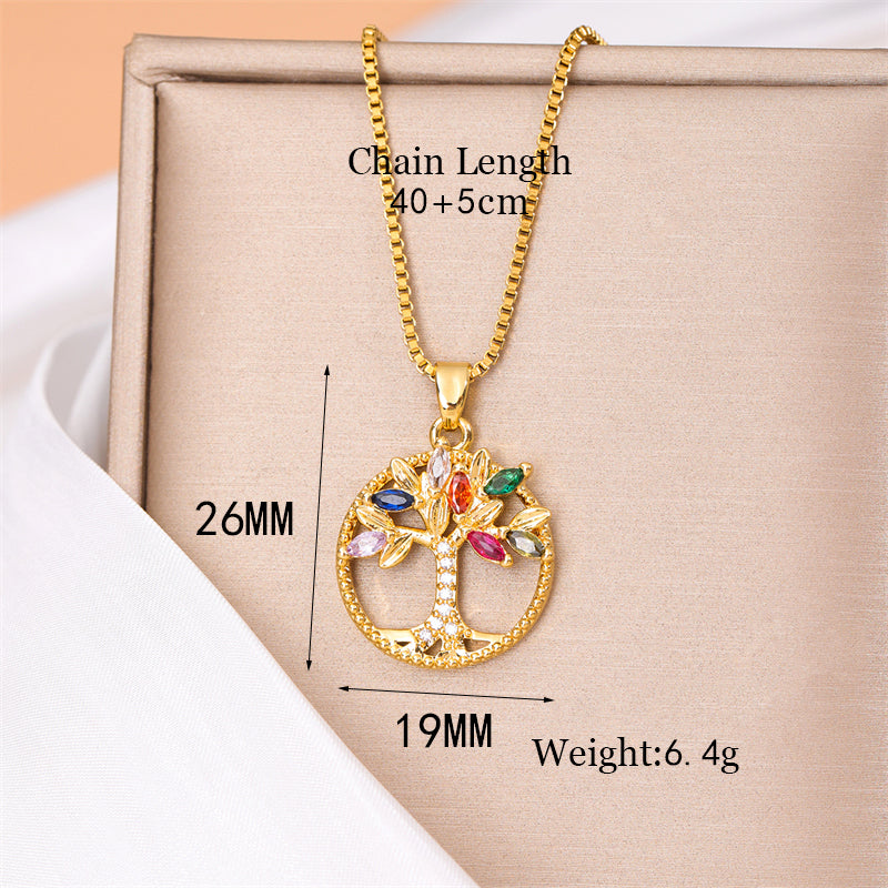 Stainless Steel Titanium Steel 18K Gold Plated Simple Style Plating Inlay Round Tree Zircon Pendant Necklace