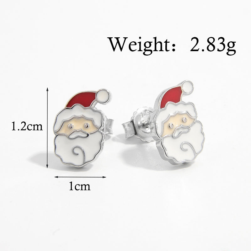 1 Pair Cute Christmas Santa Claus Epoxy Sterling Silver White Gold Plated Ear Studs