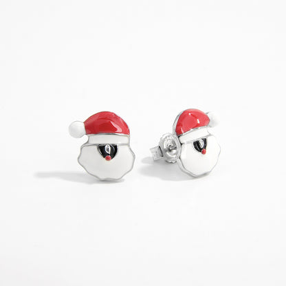 1 Pair Cute Christmas Santa Claus Epoxy Sterling Silver White Gold Plated Ear Studs