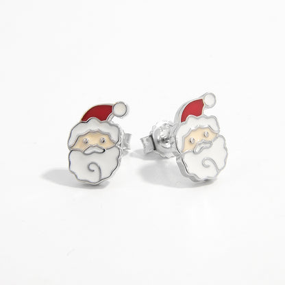 1 Pair Cute Christmas Santa Claus Epoxy Sterling Silver White Gold Plated Ear Studs