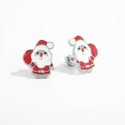 1 Pair Cute Christmas Santa Claus Epoxy Sterling Silver White Gold Plated Ear Studs