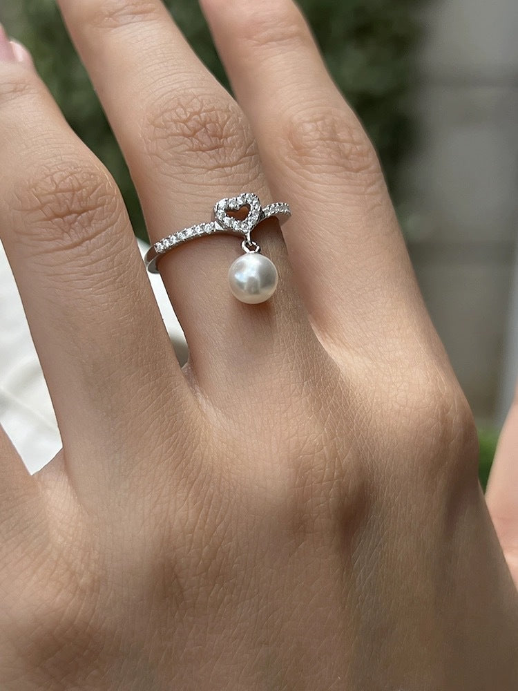 Simple Style Heart Shape Sterling Silver Plating Inlay Artificial Pearls Zircon White Gold Plated Adjustable Ring