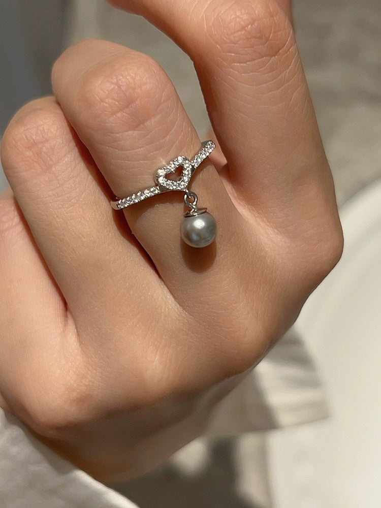 Simple Style Heart Shape Sterling Silver Plating Inlay Artificial Pearls Zircon White Gold Plated Adjustable Ring