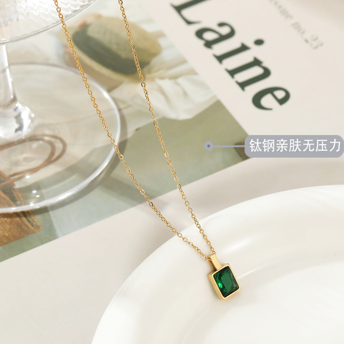 Elegant Square Titanium Steel Inlay Zircon Pendant Necklace