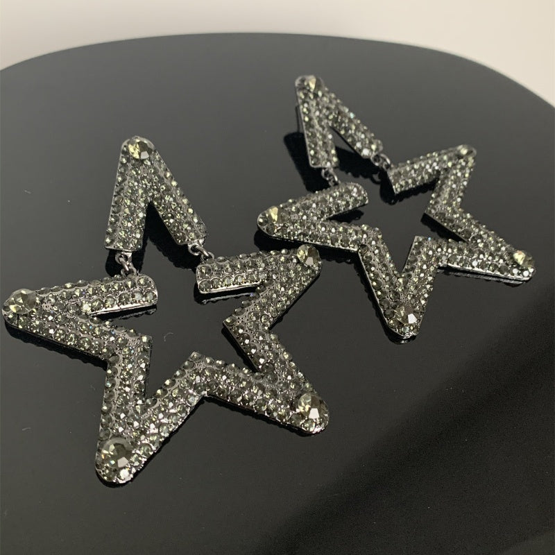 1 Pair Exaggerated Oversized Pentagram Star Plating Hollow Out Inlay Alloy Rhinestones Silver Plated Drop Earrings