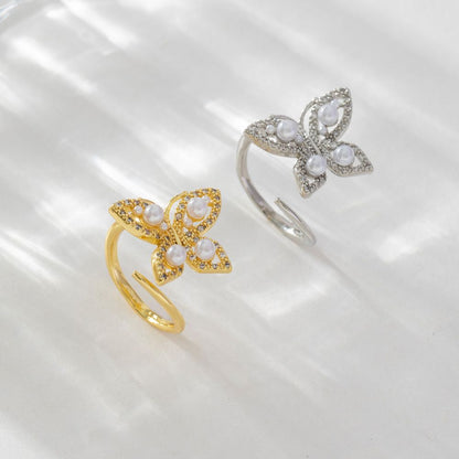 Simple Style Butterfly Copper Inlay Pearl Zircon Rings