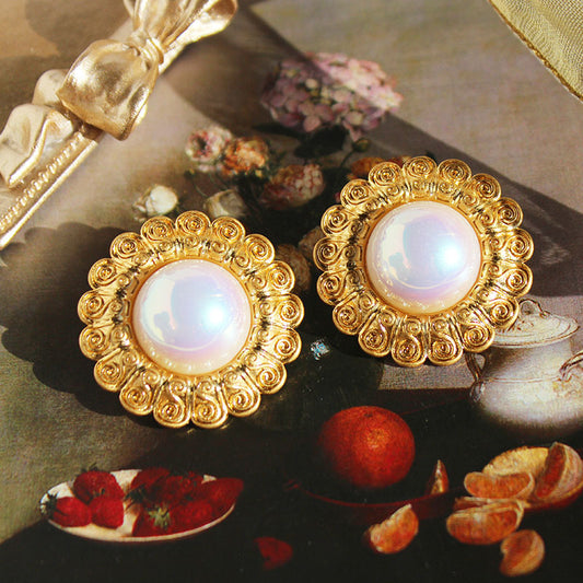 1 Pair Retro Round Inlay Copper Pearl Ear Studs