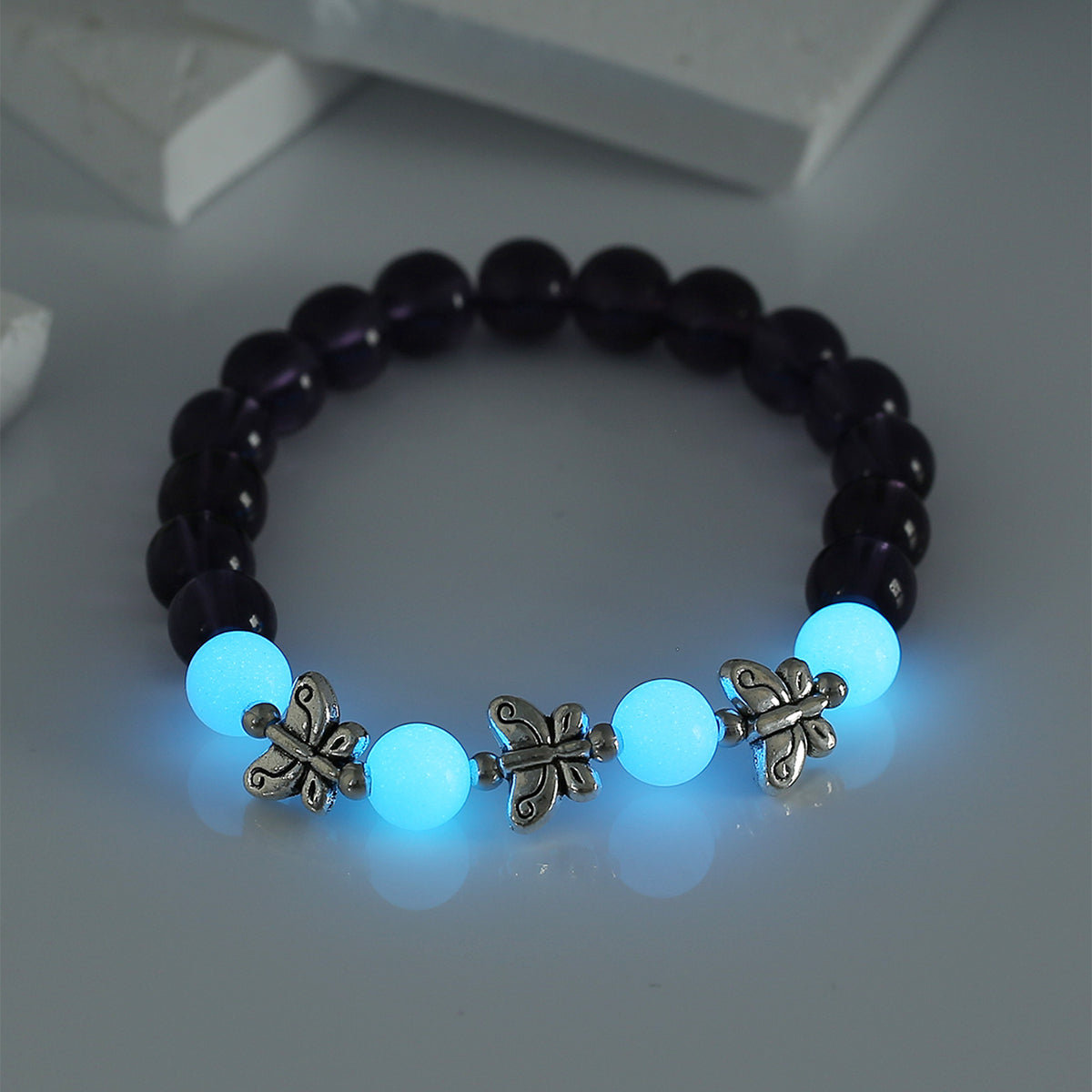 Fashion Rose Flower Beaded Black Volcanic Stone Blue Green Luminous Bracelet