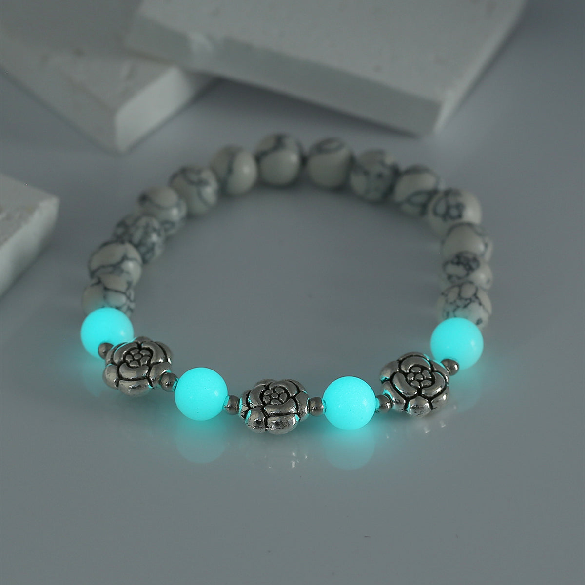 Fashion Rose Flower Beaded Black Volcanic Stone Blue Green Luminous Bracelet