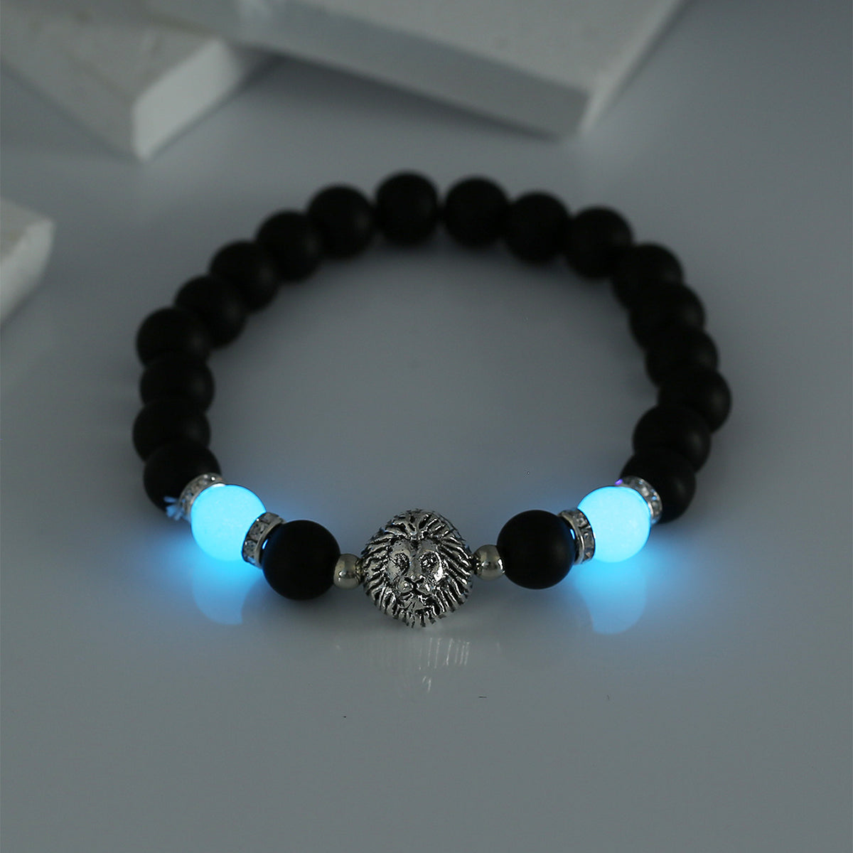 Fashion Rose Flower Beaded Black Volcanic Stone Blue Green Luminous Bracelet