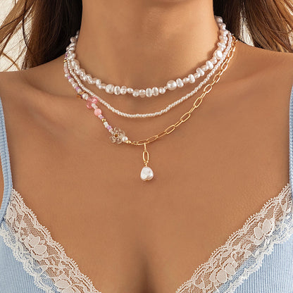 Vintage Style Geometric Round Letter Imitation Pearl Alloy Copper Plating Chain Women'S Double Layer Necklaces