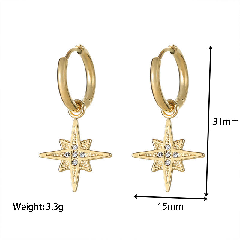 1 Pair Retro Circle Star Inlay Stainless Steel Zircon Drop Earrings