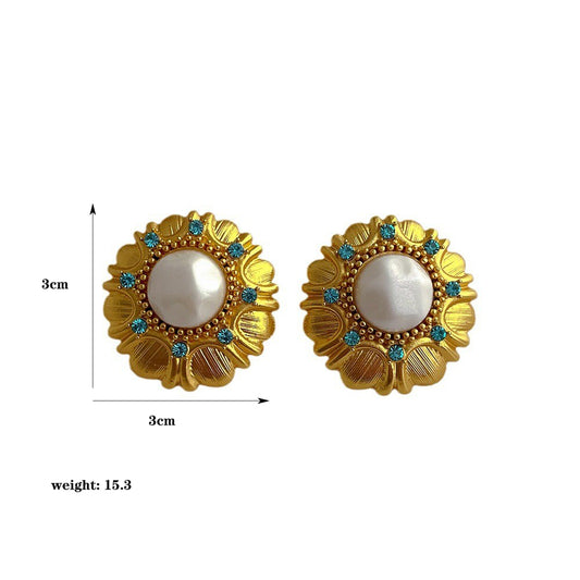 1 Piece Vintage Style Color Block Plating Inlay Copper Artificial Gemstones Artificial Pearls 18k Gold Plated Ear Studs