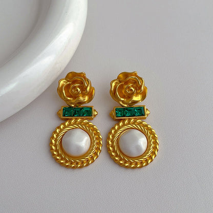 1 Piece Vintage Style Flower Plating Inlay Copper Artificial Gemstones Artificial Pearls 18k Gold Plated Drop Earrings