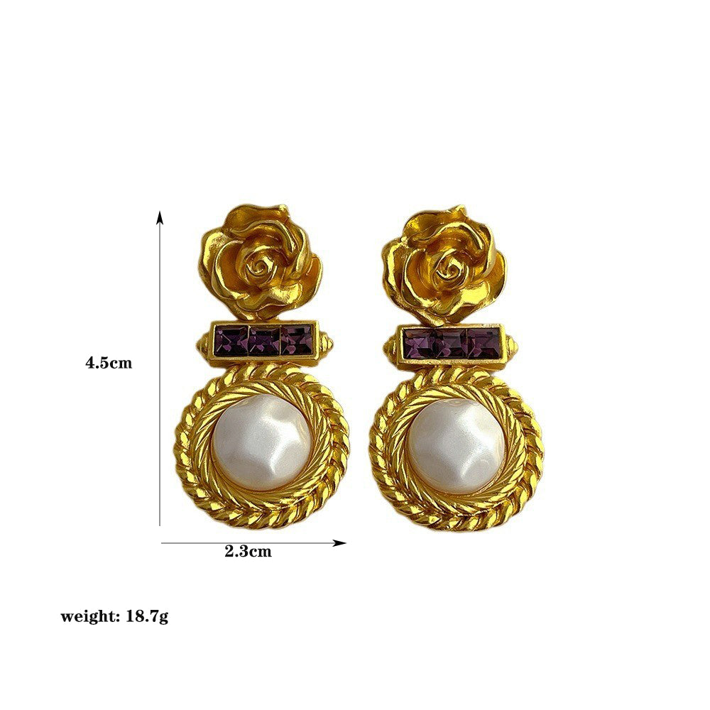 1 Piece Vintage Style Flower Plating Inlay Copper Artificial Gemstones Artificial Pearls 18k Gold Plated Drop Earrings