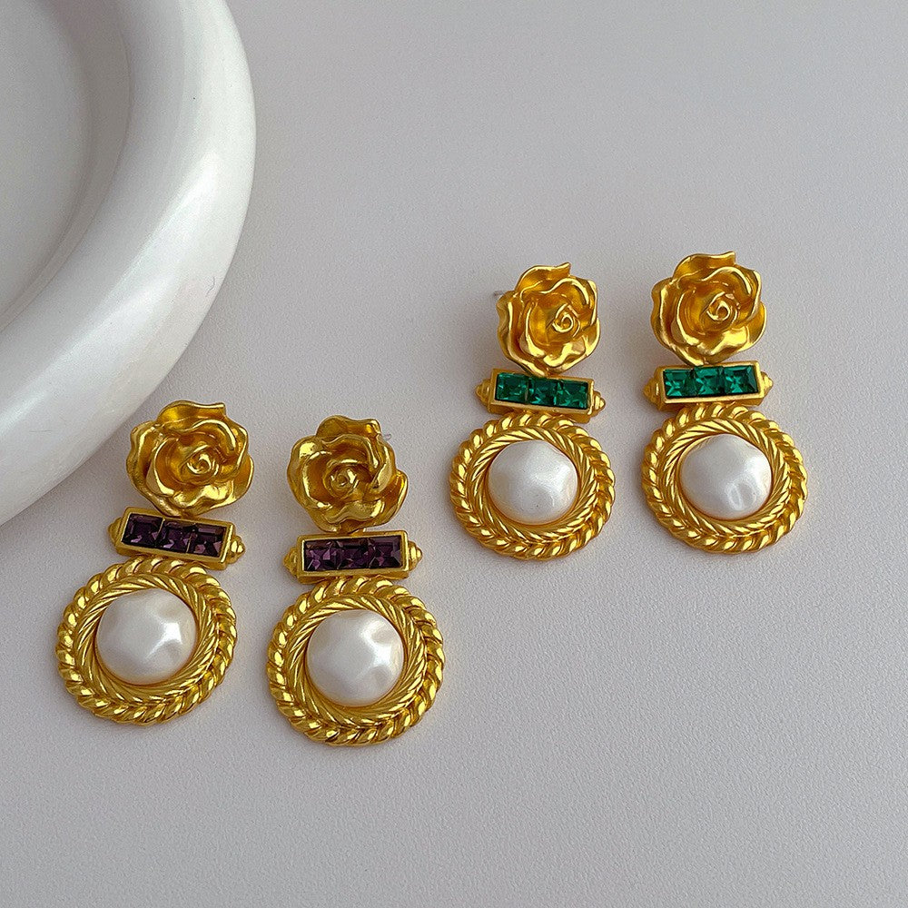 1 Piece Vintage Style Flower Plating Inlay Copper Artificial Gemstones Artificial Pearls 18k Gold Plated Drop Earrings