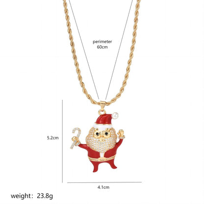 Christmas Streetwear Santa Claus Copper Enamel Plating Inlay Pearl Zircon 18k Gold Plated Pendant Necklace