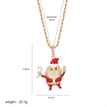 Christmas Streetwear Santa Claus Copper Enamel Plating Inlay Pearl Zircon 18k Gold Plated Pendant Necklace