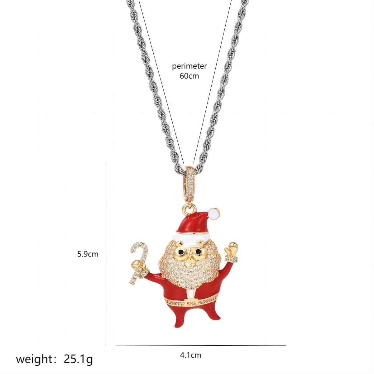 Christmas Streetwear Santa Claus Copper Enamel Plating Inlay Pearl Zircon 18k Gold Plated Pendant Necklace