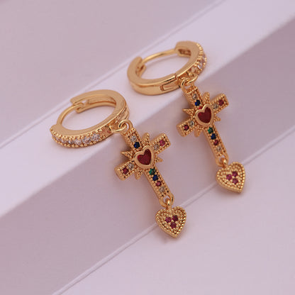 1 Pair Ig Style Vintage Style Cross Heart Shape Plating Inlay Copper Artificial Gemstones Zircon 18k Gold Plated Drop Earrings