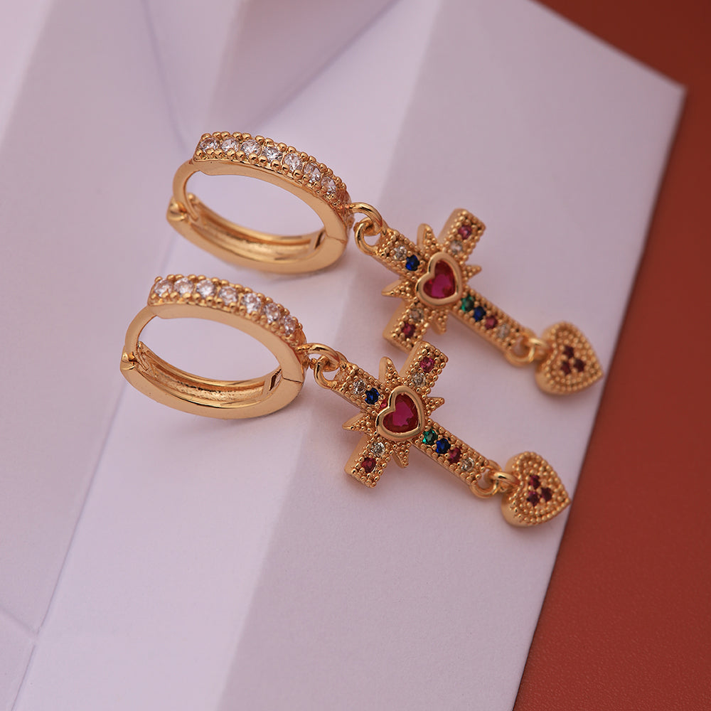 1 Pair Ig Style Vintage Style Cross Heart Shape Plating Inlay Copper Artificial Gemstones Zircon 18k Gold Plated Drop Earrings