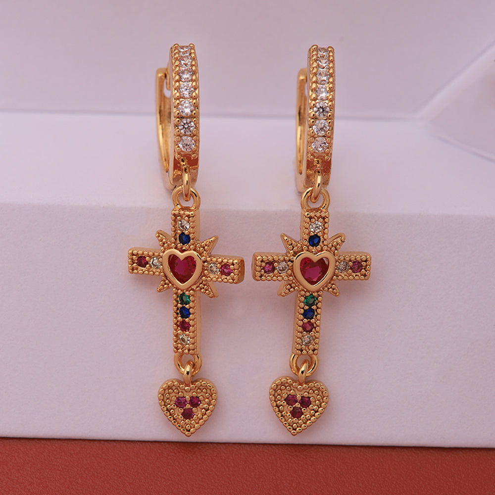 1 Pair Ig Style Vintage Style Cross Heart Shape Plating Inlay Copper Artificial Gemstones Zircon 18k Gold Plated Drop Earrings