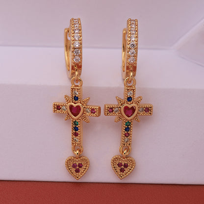 1 Pair Ig Style Vintage Style Cross Heart Shape Plating Inlay Copper Artificial Gemstones Zircon 18k Gold Plated Drop Earrings