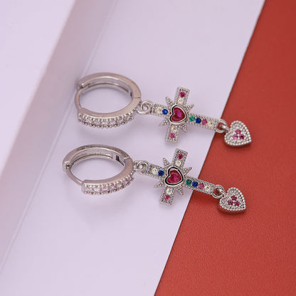 1 Pair Ig Style Vintage Style Cross Heart Shape Plating Inlay Copper Artificial Gemstones Zircon 18k Gold Plated Drop Earrings