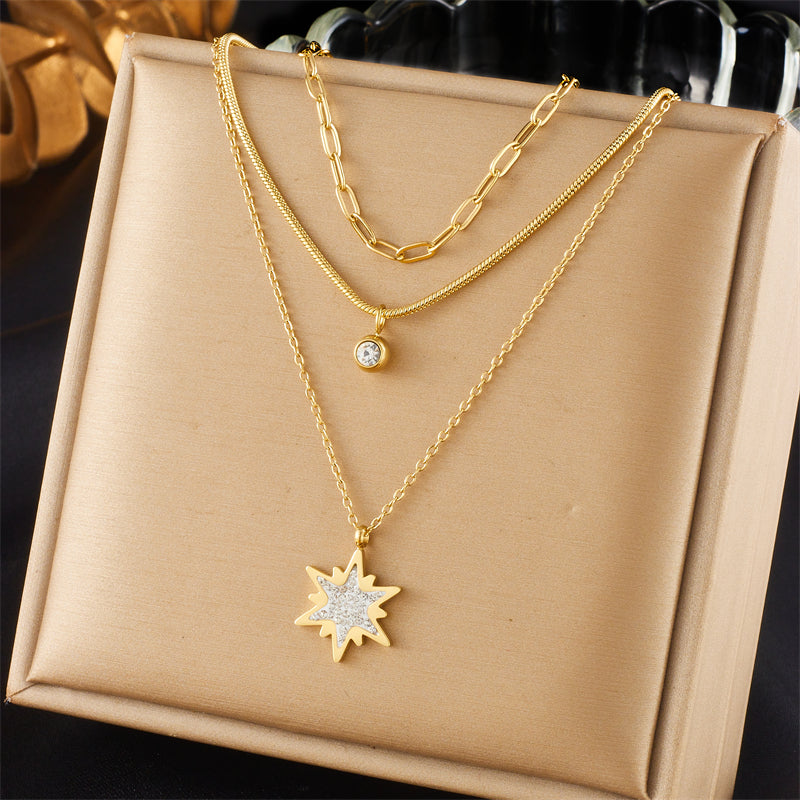 Wholesale Elegant Lady Korean Style Star Titanium Steel Layered Plating Inlay 18k Gold Plated Rhinestones Layered Necklaces